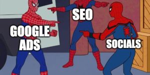 spider man pointing at seo, google ads, and socials